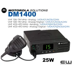 MOTOROLA-DM1400   VHF 136-174 MHz - Analog - MDM01JNC9JC2AN     VHF 136-174 MHz - Anaog/Digital - MDM01JNC9JA2AN     UHF 403-470 MHz - Aanalog - MDM01QNC9JC2AN     UHF 403-470 MHz - Analog/Digital - MDM01QNC9JA2AN