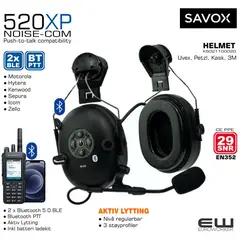 Bluetooth PTT kompatibilitet med følgende bluetooth radiosamband:

    Motorola: MotoTRBO E-serien
    R7-serie
    TLK100, TLK110, TLK 150
    Tait: TP9000-serien
    Kenwood: NX-3000 serie
    Kenwood NX-5000 serie
    Hytera: H-serien, X1
    Sepura: STP9000, SC2020, SC21
    ICOM: F52/62, F3400/F4400
    Caltta: PH600-serien 
    Zello
    Wave PTX app
K6021100020  HELMET - K6021100010  - HEADBAND