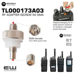 RF ADAPTER (SCREW IN)
TL000173A02 is no longer available. Will be replaced by TL000173A03 sometime this fall. Price is unfortunately unknown. RF Adaptor which adapts the portable radio’s antenna port to SMA for connection to external antenna.