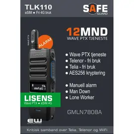 Motorola varekode: GMLN7808A
TLK110 abonnement
Type: Safeguard
12 mnd Wave PTX Tjeneste
Telenor dekning
Telia dekning
Alarm ManDown og LoneWorker
Ingen binding