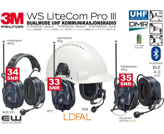 3M Peltor WS LiteCom Pro III DMR UHF Bluetooth Headset