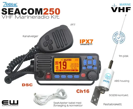 Zodiac Seacom 250 VHF Marineradio KIT (Fastmontert, Vanntett,  VHF)