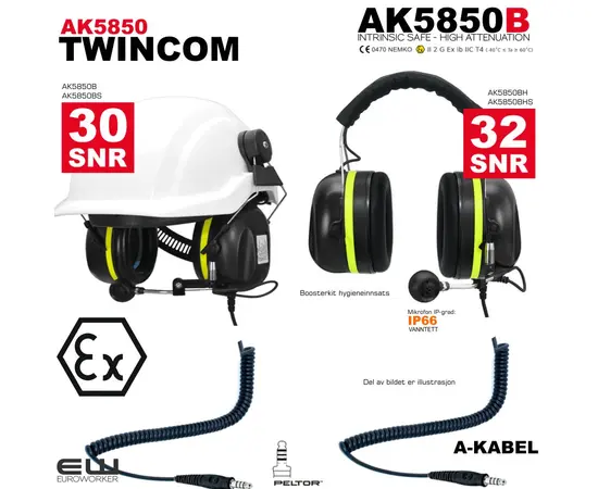 A-Kabel AK5850B Twincom (J11, Atex, SNR30) - akabel - a-KABEL_HJELMFESTE - AK5850B
HJELMFESTE + 3,5mm AUX - AK5850BS

HODEBØYLE - AK5850BH
HODEBØYLE + 3,5mm AUX - AK5850BHS_euroworker