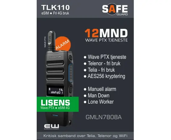 Motorola varekode: GMLN7808A
TLK110 abonnement
Type: Safeguard
12 mnd Wave PTX Tjeneste
Telenor dekning
Telia dekning
Alarm ManDown og LoneWorker
Ingen binding