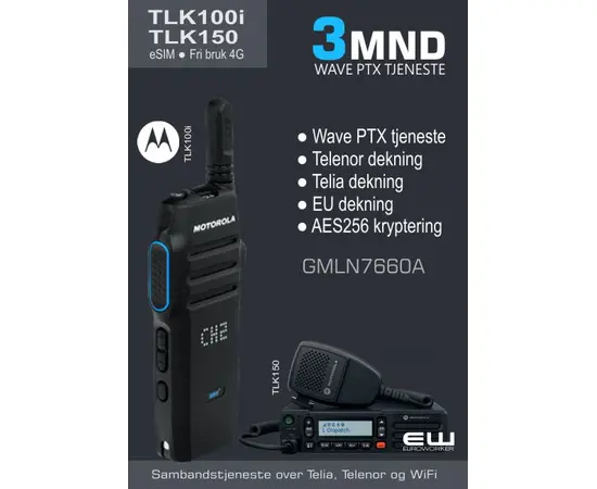 Lisens for Motorola TLK100i og TLK150
        Gir kombinert dekning over Telenor og Telia, samt WiFi roaming til egne nettverk
        Abonnementet gir også fri bruk og dekning over fleste mobiloperatøreer i EU
        Plattform: Motorola Wave PTX
        Bedriften logger på egen webadmin hos Motorola oppsett og styring av tjenesten.
        Pris gjelder 12mnd tjeneste, eller velg ønsket løpetid fra menyen. Lengre løpetid gir redusert pris pr mnd:

            3mnd  (GMLN7660A)
            6mnd  (2xGMLN7660A)
            12mnd  (GMLN5543A)
            24mnd  (GMLN5544A)
            36mnd  (GMLN7657A)
            48mnd  (GMLN7658A)
            60mnd  (GMLN7659A)

        Telenor dekning
        Telia dekning
        EU dekning
        Ingen binding
