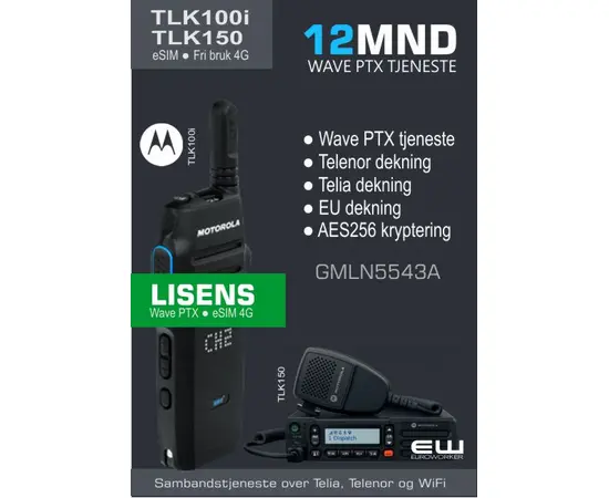 Lisens for Motorola TLK100i og TLK150
        Gir kombinert dekning over Telenor og Telia, samt WiFi roaming til egne nettverk
        Abonnementet gir også fri bruk og dekning over fleste mobiloperatøreer i EU
        Plattform: Motorola Wave PTX
        Bedriften logger på egen webadmin hos Motorola oppsett og styring av tjenesten.
        Pris gjelder 12mnd tjeneste, eller velg ønsket løpetid fra menyen. Lengre løpetid gir redusert pris pr mnd:

            3mnd  (GMLN7660A)
            6mnd  (2xGMLN7660A)
            12mnd  (GMLN5543A)
            24mnd  (GMLN5544A)
            36mnd  (GMLN7657A)
            48mnd  (GMLN7658A)
            60mnd  (GMLN7659A)

        Telenor dekning
        Telia dekning
        EU dekning
        Ingen binding