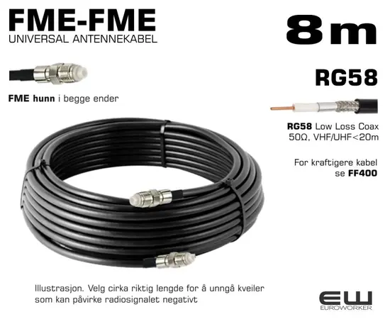 UNIVERSAL ANTENNEKABEL - 8m (FME-hunn, FME-hunn, RG58, Coax Low Loss)