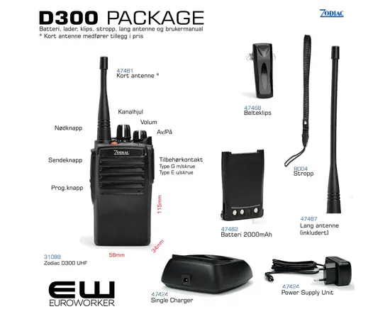 Zodiac D300 Kompakt Yrkesradio (IP55, UHF, VHF, Fallsikring)