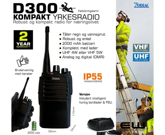 Zodiac D300 6 Pack Kompakt Yrkesradio med rekkelader (IP55, UHF, VHF, Fallsikring)