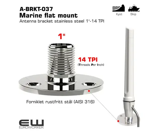 Poynting A-BRKT-037 er en robust, flat monteringsbrakett spesielt designet for maritime antenner. Den er laget av høykvalitets 316 marine-grad rustfritt stål, noe som sikrer eksepsjonell holdbarhet og korrosjonsbestandighet i tøffe saltvannsmiljøer. Braketten har en sirkulær form og er utstyrt med et gummipakning for å sikre en vanntett montering.

Nøkkelspesifikasjoner:

    Materiale: 316 rustfritt stål.

    Gjengestørrelse: Standard 1'' x 14 TPI (threads per inch), som er en vanlig standard for marineantenner.

    Montering: Flat montering (deck mount) på en horisontal overflate.

    Mål: Diameter på ca. 77 mm og en høyde på 37,5 mm.

    Monteringshull: M6-senkehull for skruer.

Hvordan den skal festes på en båt

Braketten er utformet for å monteres på en flat, horisontal overflate som for eksempel et dekk, en targabøyle, en mastetopp eller et overbygg.

    Velg monteringssted: Først må du bestemme deg for det ideelle stedet (se avsnittet om plassering nedenfor). Sørg for at overflaten er flat og solid nok til å bære vekten av antennen og tåle vindbelastning.

    Borre hull: Braketten har tre forborede M6-senkehull. Bruk disse som mal for å markere og bore hull i båtens overflate. Sørg for å bruke en passende borstørrelse.

    Påfør tetningsmasse: For å sikre en 100% vanntett installasjon, bør du påføre en marin tetningsmasse (som sikaflex eller lignende) rundt borehullene og på undersiden av braketten før du skrur den fast.

    Skru fast: Fest braketten med M6-skruer. Sørg for å stramme skruene godt for å skape en solid forbindelse, men unngå å stramme for hardt så du skader braketten eller overflaten.

    Monter antennen: Antennen kan deretter skrus direkte inn i brakettens 1'' x 14 TPI gjengede feste.

Hensyn til plassering og forstyrrelser

Plassering av en antenne på en båt er kritisk for optimal ytelse og for å unngå forstyrrelser fra annen elektronikk. Her er de viktigste hensynene:

    Høyde: Plasser antennen så høyt som mulig for å maksimere rekkevidden og sikre fri sikt til omgivelsene. På en seilbåt er mastetoppen ofte det beste stedet, mens på en motorbåt kan en targabøyle eller mast være ideelt.

    Fri sikt: Antennen må ha en så fri og uhindret siktlinje som mulig mot horisonten i alle retninger. Unngå å plassere den bak master, store metallgjenstander, radarantenner eller store overbygg som kan blokkere signalene.

    Avstand til andre antenner: Antenner kan forstyrre hverandre, spesielt hvis de sender og mottar på nærliggende frekvensbånd (f.eks. VHF, AIS, GPS, Wi-Fi og mobilnett). Plasser Poynting-antennen så langt unna andre antenner som mulig, gjerne med minst én meters avstand, for å minimere risikoen for signalforstyrrelser. For sendende antenner, som VHF eller radar, er det spesielt viktig å unngå at deres signaler treffer din antenne. En god tommelfingerregel er å montere bredbånds- og GPS-antenner under og bak sendende antenner.

    Avstand til elektrisk utstyr: Hold antennen unna motorer, kabler og annet elektrisk utstyr som kan generere elektromagnetisk støy (EMI). Dette kan inkludere LED-lys, invertere eller dårlig avskjermet elektronikk.

    Ruting av kabel: Antennekabelen skal ha minst mulig forstyrrelser og helst føres unna strømkabler. Unngå skarpe bøyninger og sørg for at kabelen er sikret for å forhindre skade fra bevegelse eller vind.