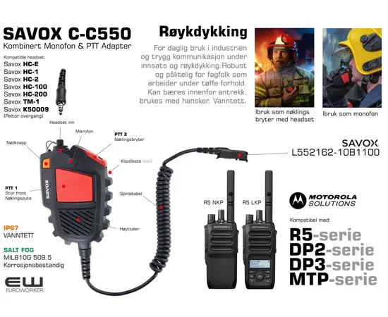 Savox C-C550 Kombinert Monofon & PTT Adapter Røykdying (Motorola R5, DP2-serie, DP3-serie, MTP-serie)-L552172-10B1100