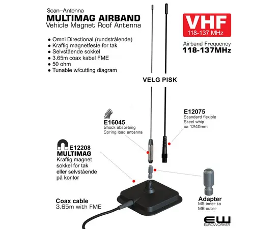 AIRBAND Vehicle Magnet Antenna with 3,65m coax FME 118-137MHz