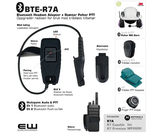 BTE-R7 - Bluetooth Headset & PTT Adapter for Motorola R7-serie (Støtter Peltor PTT protokoll)
