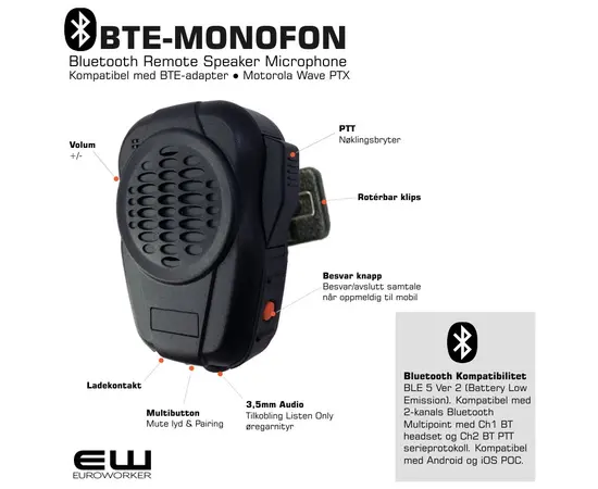 BTE-DP2 Bluetooth Adapter for Motorola DP2000-serie (Peltor PTT protokoll)