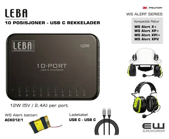 Leba 10 POSISJONER - USB C REKKELADER - 12W (5V / 2.4A) per port