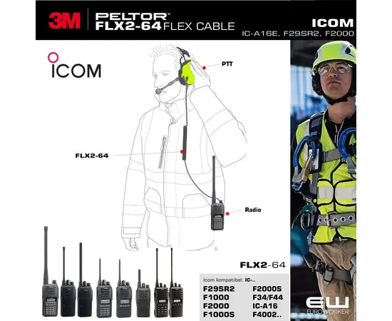 3M Peltor CH-3 FLX2 PTT Hi-Viz for Icom (A16E, F29SR2, F1000, F2000)