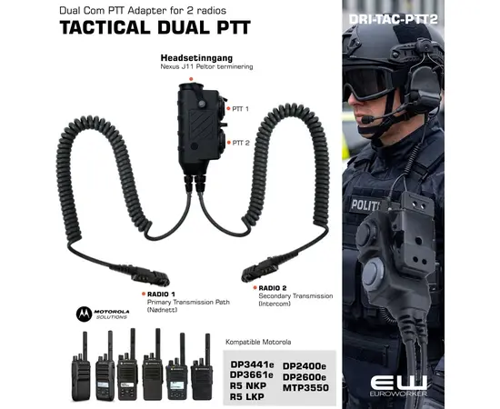 The DRI-TAC-PTT2 is an IP68 rated Tactical Push to Talk allowing connection of 2 radio systems. The internal amplifier is designed to accept headsets using either dynamic, or electret microphones. The product is compatible with Juma, and 3M Peltor headsets fitted with a 4-pole Nexus socket.