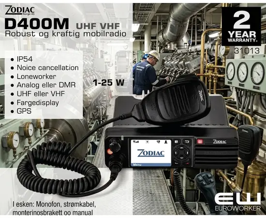 Zodiac D400 Mobile Radio (UHF, VHF)
● IP54
● Noice cancellation
● Loneworker
● Analog eller DMR
● UHF eller VHF
● GPS