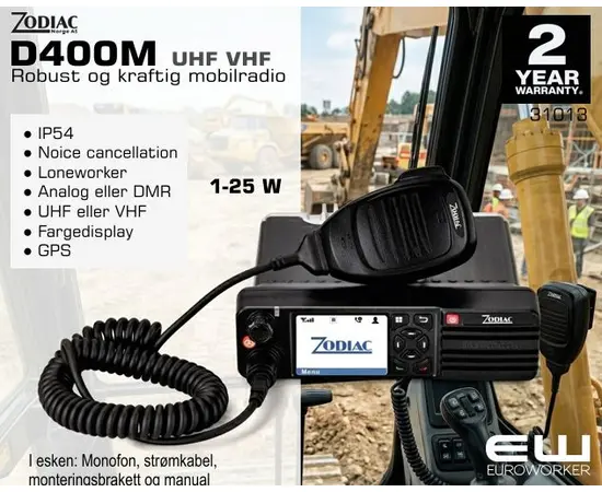 Zodiac D400 Mobile Radio (UHF, VHF)
● IP54
● Noice cancellation
● Loneworker
● Analog eller DMR
● UHF eller VHF
● GPS