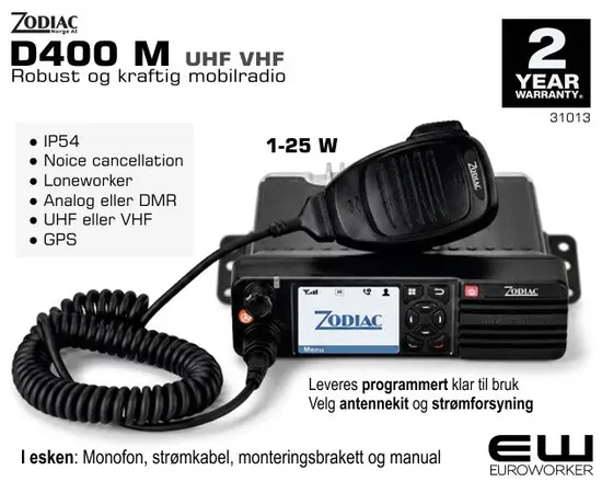 Zodiac D400 Mobile Radio (UHF, VHF)
● IP54
● Noice cancellation
● Loneworker
● Analog eller DMR
● UHF eller VHF
● GPS